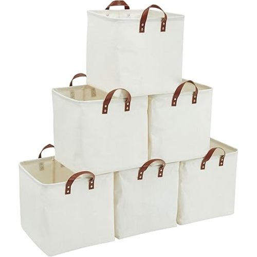 DECOMOMO Water Resistant Storage Cubes - Fabric Storage Bins with Handles for Bathroom, Nursery, Laundry, Toys (Creamy White, 13 inch Cube, 6-Pack)