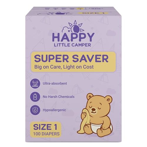 Happy Little Camper Super Saver Diapers, Size 1, 100 Count | Budget-Friendly Disposable Diapers for Sensitive Skin | Hypoallergenic, Fragrance-Free, Ultra Absorbent