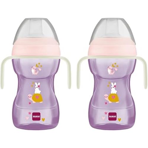 MAM 9.5oz Fun to Drink Cup, 8+ Months, Spill Proof Baby Training Cup with Glow in The Dark Handles, Soft Silicone Spout, BPA Free, Bottle to Cup Transition, Dishwasher Safe, 2 PkMade in Europe