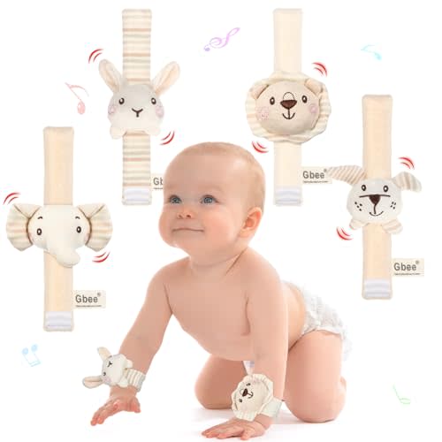 Wovnet 4 Pieces Baby Wrist Rattles Animal Pattern Newborn Rattle Foot Rattles Toy for Babies Boy Girl Infant Birthday Gifts Educational Toys, 4 Designs (Rabbit Dog Lion Elephant)