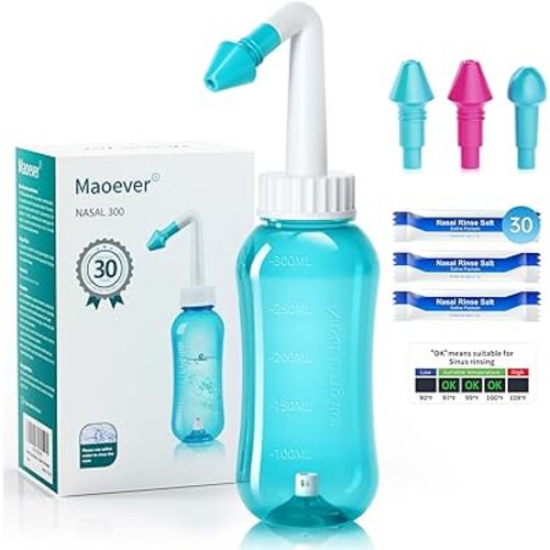 Neti Pot Sinus Rinse Bottle Nose Wash Cleaner Pressure Rinse Nasal Irrigation for Adult & Kid BPA Free 300 ML with 30 Nasal Wash Salt Packets and Sticker Thermometer