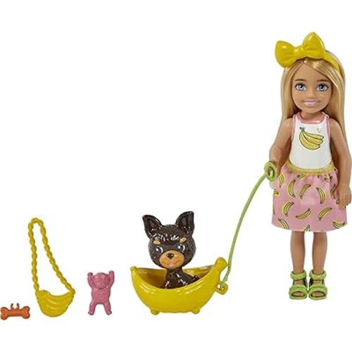 Barbie Chelsea Doll & Accessories, Blonde Small Doll with Removable Banana-Print Skirt, Puppy, Pet Bed & More