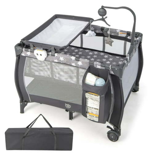 Costway Portable Baby Playard Nursery Center Crib with Hanging Toys & Music Box