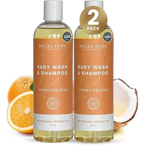 SoCal Suds & Company Organic Baby Shampoo and Body Wash - 2-in-1 Castile Soap, Hypoallergenic, Sensitive Skin, Natural Soap, Toddler Shampoo, Infant, Newborn, Kids Body Wash - 12oz Sweet Orange 2Pk