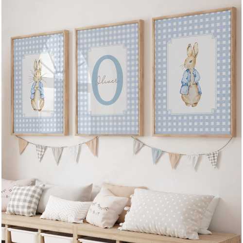 Rabbit Nursery Prints, Custom Name Kids Room Decor, Cottagecore Baby Boy Nursery PRINTABLE Art,  Gingham Blue Tones Nursery Print