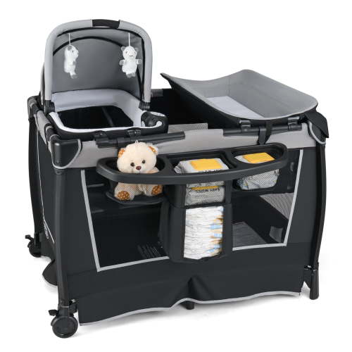 Topbuy Foldable Baby Playard Baby Playpen with Rocking Bassinet Diaper Changing Table Black
