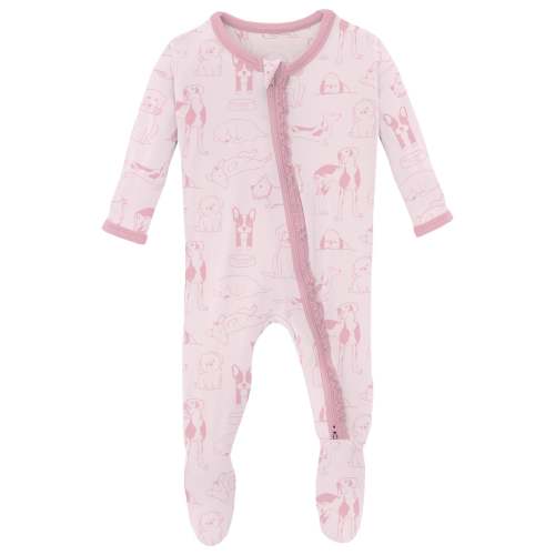 Print Muffin Ruffle Footie with 2 Way Zipper in Shrinking Violet Dogs