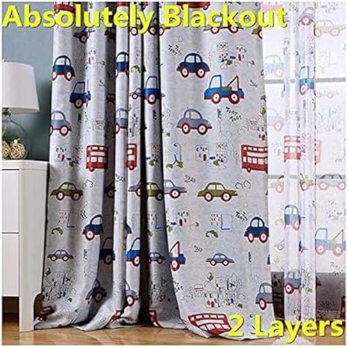 MYRU Absolutely Blackout Curtains for Kids Room,2 Layers Lined Curtains for Boys Girls Room,Set of 2 (Cartoon Car, 39 Inches by 63 Inches)