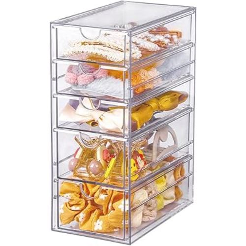 Clear Hair Accessories Organizer Storage Box with 5 Drawers - Hair Tie Holder Container for Bathroom Closet Desk Office (5 Drawer)
