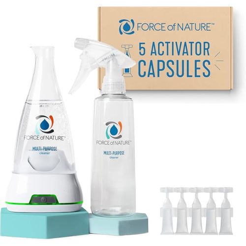 Force of Nature Cleaner & Disinfectant Appliance Starter Kit - 5 Refills | EPA Registered, Non-Toxic, Multi-Surface Cleaning & Disinfecting, Replaces Multiple Cleaners, Makes 5 12 oz Bottles