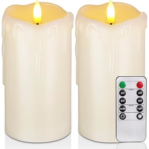 Homemory Dripping Wax Flameless Candles, Battery Operated Candles with Remote Control and Timers, LED Pillar Candles, Electric Fake Candles, 3" x 6", Set of 2