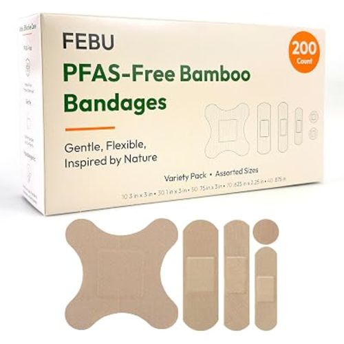 FEBU Eco-Friendly Bamboo Fabric Bandages | PFAS Free Bandages for Scrapes & Cuts | Flexible Fabric Bandage | Fully Compostable, Latex Free Bandage | 200 Count Bulk Variety