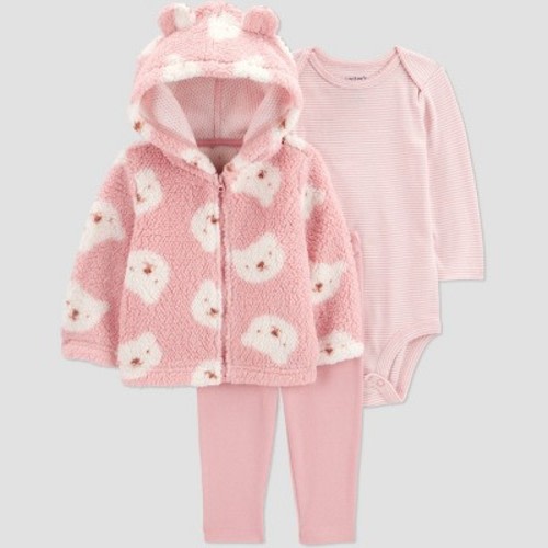 Carter's Just One You® Baby Girls' 3pc Bear Faux Shearling Sweatshirt with Long Sleeve Bodysuit and Leggings Set - Pink 9M