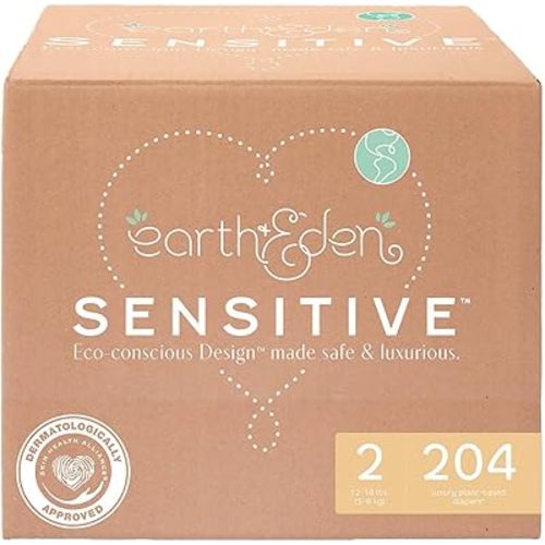 Earth & Eden Sensitive Baby Diapers, Size 2 (204 Count) - Eco-Conscious & Hypoallergenic Diapers - No Harsh Chemicals - Comfortable and Gentle on Skin - Dermatologically Approved