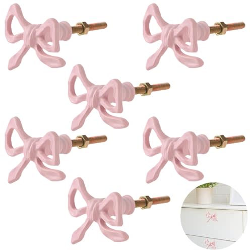 Homaisson 6 Pcs Pink Bow Dresser Knobs Pulls, Vintage Metal Cabinet Handles Drawer Hardware with Screws for Kitchen Cupboard Furniture Chest Door up to 2.2” Thick