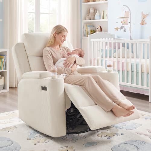 Power Nursery Glider Rocking Chair, Comfy Chenille Beige | 270° Swivel, USB & Type-C Ports, Cup Holder & Armrest Storage, Comfy Electric Glider Recliner Chair for Living Room & Nursery
