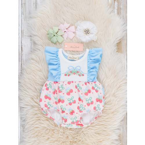 Strawberry Bow Embroidered Ruffle Bubble Romper