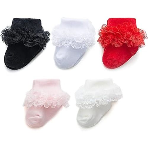 Baby Girl Socks Eyelet Triple Lace Ruffle Socks Turn Cuff Socks 2/3/5 Pairs Ankle Dress Sock for Newborn Infant Toddler