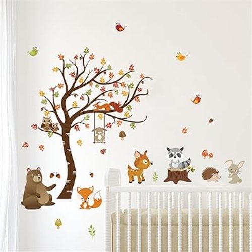 decalmile Forest Animals Tree Wall Decal Fox Deer Fall Leaves Wall Stickers Baby Nursery Kids Bedroom Classroom Wall Decor (H: 31 Inches