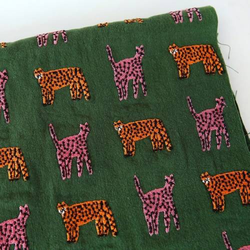 Tiger Embroiderd Linen Cotton Fabric,Green Embroidered Fabric,Designer Fabric,Quilting Fabric,Fabric By 1/2 Yard,Thick Fabric,Linen Fabric