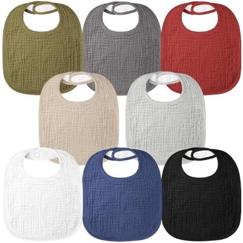 Bearmoss Baby Muslin Drooling Bibs 100% Cotton Square Adjustable Bibs Gift for Baby Girls Boys Teething Drool 8 Pack