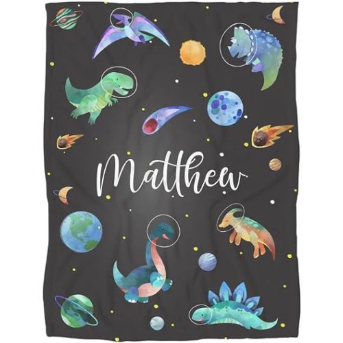 Personalized Space Dinosaur Baby Name Blanket, Custom Outer Space Nursery Decor, Solar System Dino Theme Kids Blanket, Soft Fleece Throw, Infant Crib Bedding, Toddler Birthday, Baby Shower Keepsake