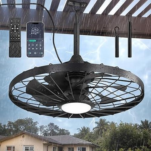 LEDIARY 24" Outdoor Ceiling Fan with Lights,IP65 Waterproof Gazebo Hanging Fan with Remote Control Smart App, Plug in Caged Ceiling Fan with 3CCT 6-Speeds for Patio Porch Pergola(Black)