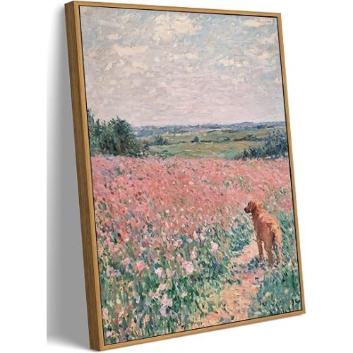 Framed Golden Retriever Dog Wall Art, Pink Floral Field Canvas Print 8x10