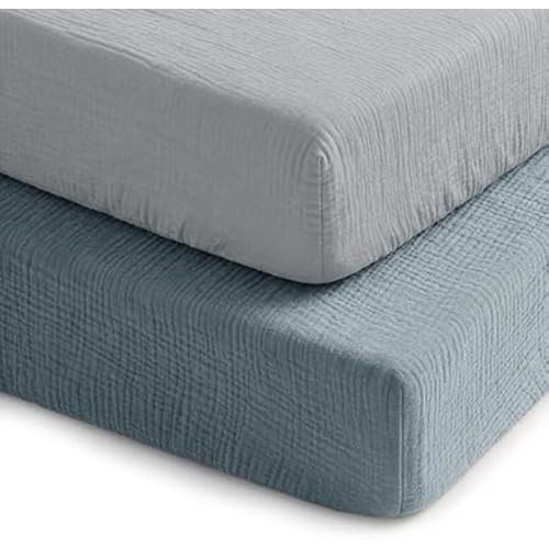 Comfy Cubs 100% Muslin Crib Fitted Sheet 2 Pack, Pacific Blue and Heather - 100% Cotton, Soft & Breathable Crib Sheets for Toddler Mattress - Snug Fit, Secure Elastic with Beautiful Packaging