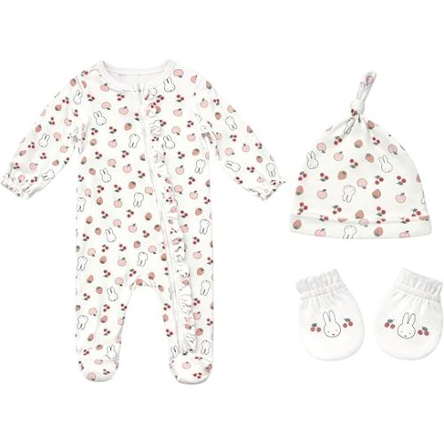 Miffy Baby Girls’ 3-Piece Ultra-Soft Footed Coverall, Beanie & Mitten Sets