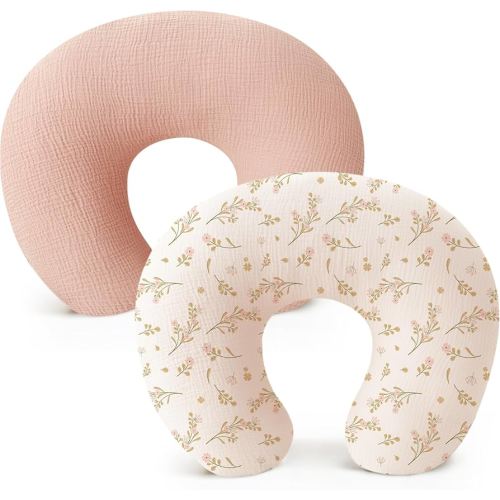 Konssy 2-Pack Muslin Nursing Pillow Covers, Soft & Adorable Nursing Covers for Breastfeeding Pillows, Slipcovers for Newborn Boys & Girls(Pink, Floral)