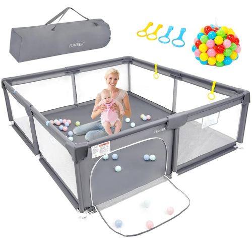 Large Baby Playpen for Babies and Toddlers 75x51 Play Pen for Babies 6-12 Months Play Yard for Toddlers 1-3 for Baby Pack and Play Fence Gate Portable Playpen with Colorful Balls Pull Up Ringss Grey