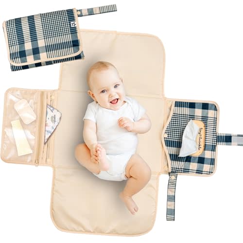 Tiny Twinkle Portable Diaper Changing Pad | Waterproof, Wipeable & Compact Baby Changing Pad for Travel | Smart Wipes Pocket & Organized Storage| Newborn Shower Gift (Gingham)