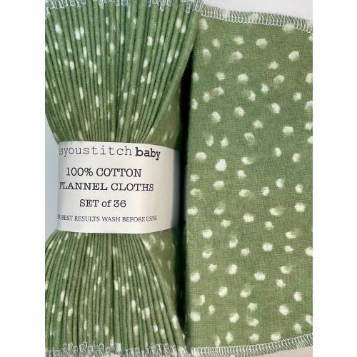 Handmade. Cloth Baby Wipes . 8x8 cotton flannel. Eco friendly reusable washable cloth wipes and/or napkins. Green with Dots