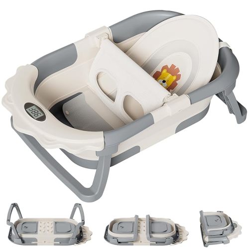 TPN 4-in-1 Grow-with-Me Collapsible Baby Bathtub, Baby Tub for Newborns to Toddler with Soft Floating Cushion & Thermometer, Portable Baby Bath Tub, Infant Bathtub for Bath Support in Tub,Grey