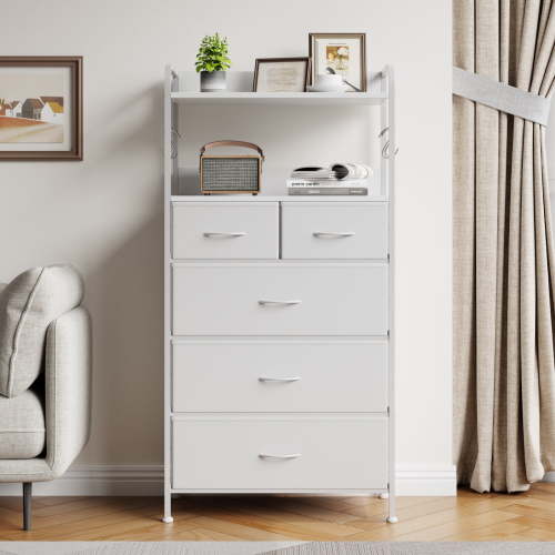 Dresser for Bedroom with 5 Drawers, Vertical Dresser with 5 Fabric Drawers and 2-Tier Open Shelves, Storage Organizer Unit with Fabric, Sturdy Metal Frame, for Closet, Hallway, Living Room