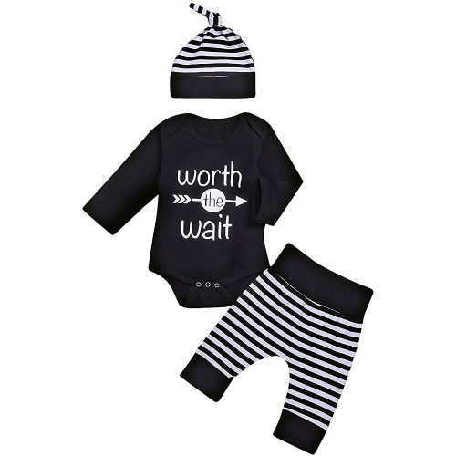 Baby Unisex Worth The Wait Arrow Printed Romper Striped Pant Hat Outfit Clothes