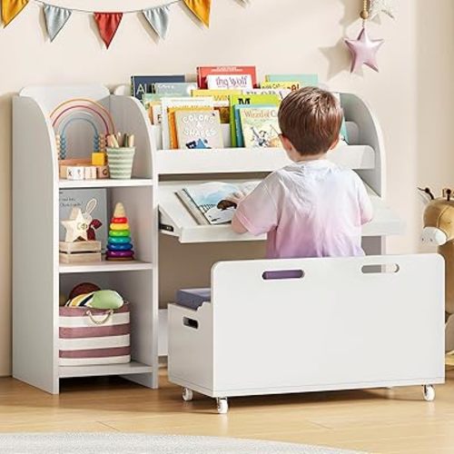 Kids Reading Nook, Wooden Bookshelf and Toy Storage Organizer