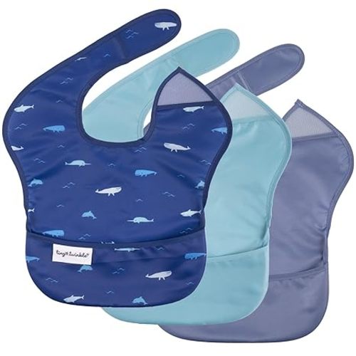 Tiny Twinkle Mess-Proof Baby Bibs for Eating | Waterproof, Wipeable Toddler Bibs with Catch-All Pocket | Feeding Bibs for Girls & Boys(3 Pack,Ocean Life Set)