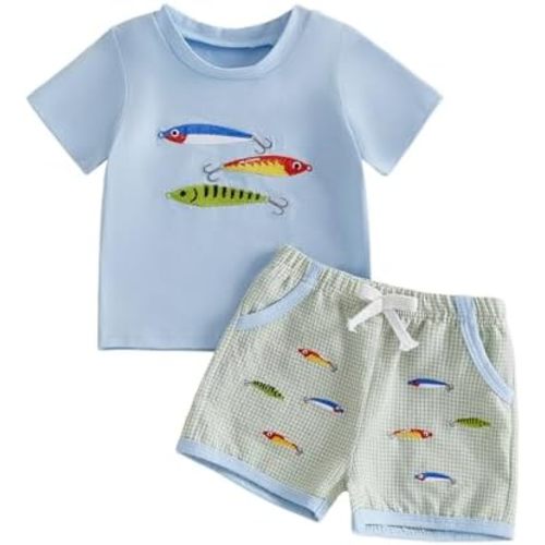 Bagilaanoe Toddler Summer Clothes Baby Boy Short Sleeve T-Shirt and Shorts Daddy’s Fishing Buddy Outfit 2PCS Set