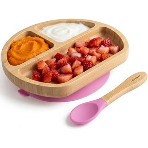 Abiie Octopod Bamboo Dish - Kids Plates for 4 months and up, 3-Compartment Baby Plates with Suction, Triangle Bamboo Baby Plate, Mess-Free Toddler Suction Plates, Baby Feeding Supplies, 8.3x1.9x7.7 in