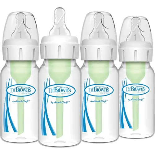 Dr. Brown's Natural Flow Anti-Colic Options+ Narrow Baby Bottle, 4 oz/120 mL, with Level 1 Slow Flow Nipple, 0m+, 4 Bottles