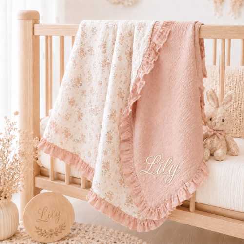 Personalized Muslin Baby Blanket, Custom Name Cotton Gauze Blanket, Embroidered Ruffle Newborn Keepsake Gift