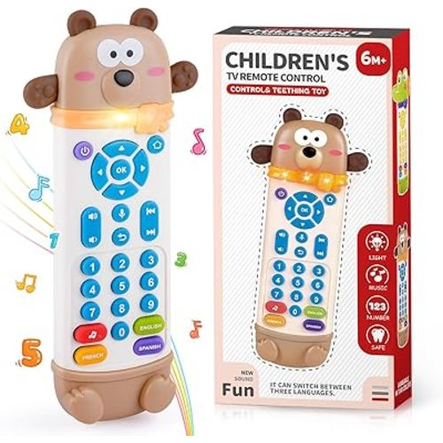 Baby Remote Control Toy with Silicone Teether, Realistic Lights & Sounds, 3 Languages (English, Spanish & French), Baby Musical Toys Gifts for Boys Girls 6 Month+