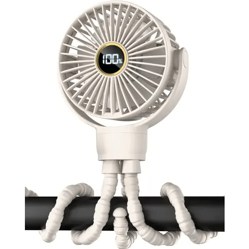 3.5" Battery Powered Baby Stroller Cooling Fan, 3-Speed Rechargebale Tripod Fan with 360 Degree Rotation, Quiet Portable Fan with LED Display, Great for Car Seat, Crib, Bike, Treadmill, Beige