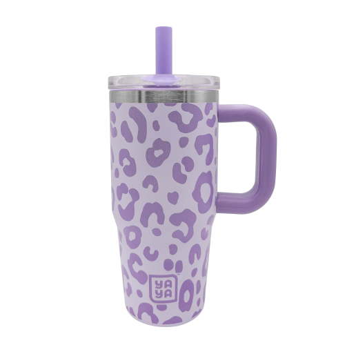 YAYA My First Travel Tumbler for Toddlers 3+ with Reusable Straw and Spill-Safe Lid, 12oz, Purple Leopard