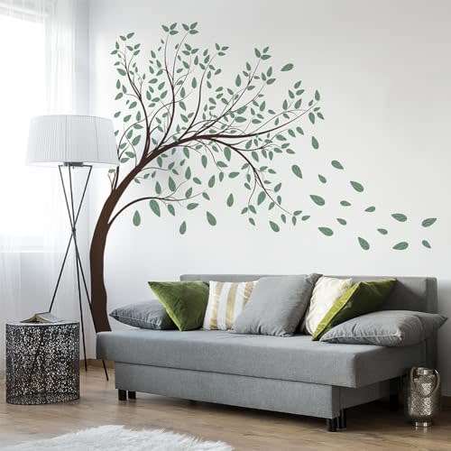 Prabahdak 4 Sheets Green Tree Wall Decals Big Tree Wall Stickers Large DIY Peel and Stick Flying Leaves Wall Decor for Kids Bedroom Living Room Nursery Rooms TV Sofa Background Decoration