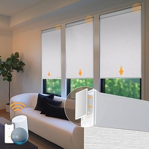 Motorized Blinds No Drill Automatic Blinds for Windows Cordless Roller Shades Electric Blinds with Remote Control Smart Blinds (White, 34.25 x 72)