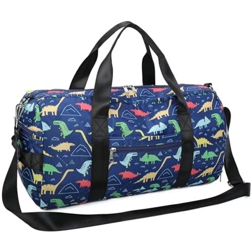 CAMTOP Kids Duffel Overnight Bag Boys Girls Toddler Weekender Carry-On Personalized Tote for Travel Gym Sport (B-Navy Dinosaur)