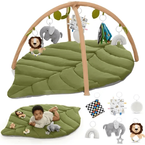 Baby Play Mat & Activity Gym - Tummy Time Mat with 6 Detachable Baby Toys | Oversized Leaf Modern Design Baby Play Gym | Perfect Baby Shower Gifts/Baby Must Haves - Developmental Activities for Baby